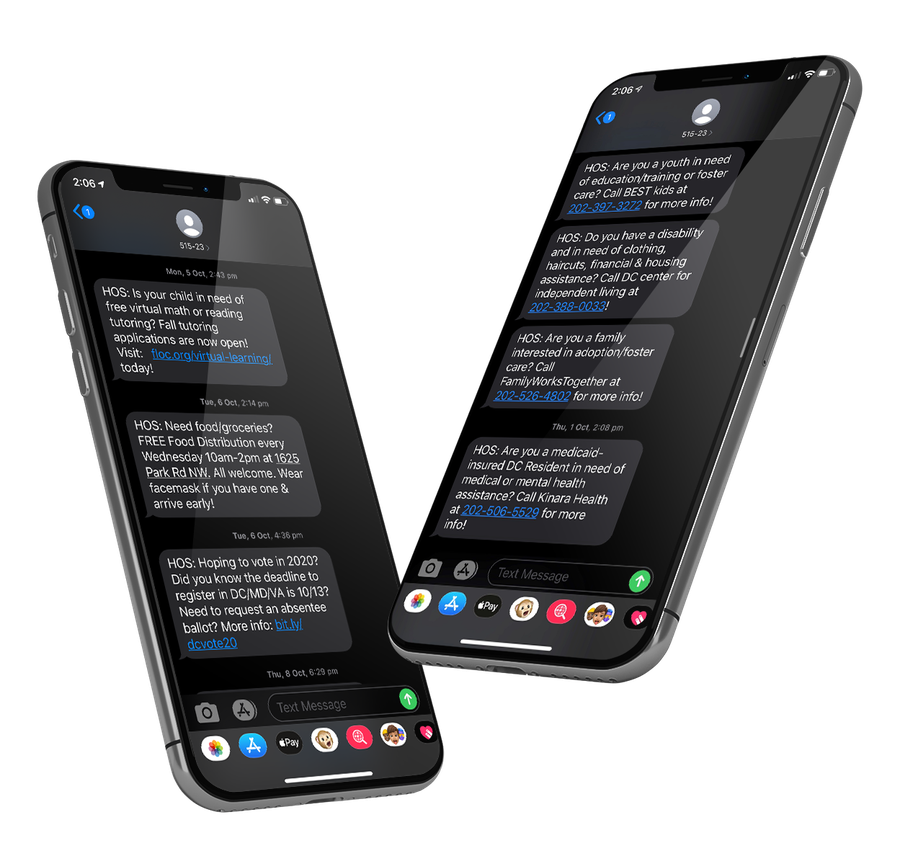 Two phones displaying H1S text messages about health, housing, food, education, and family services.
